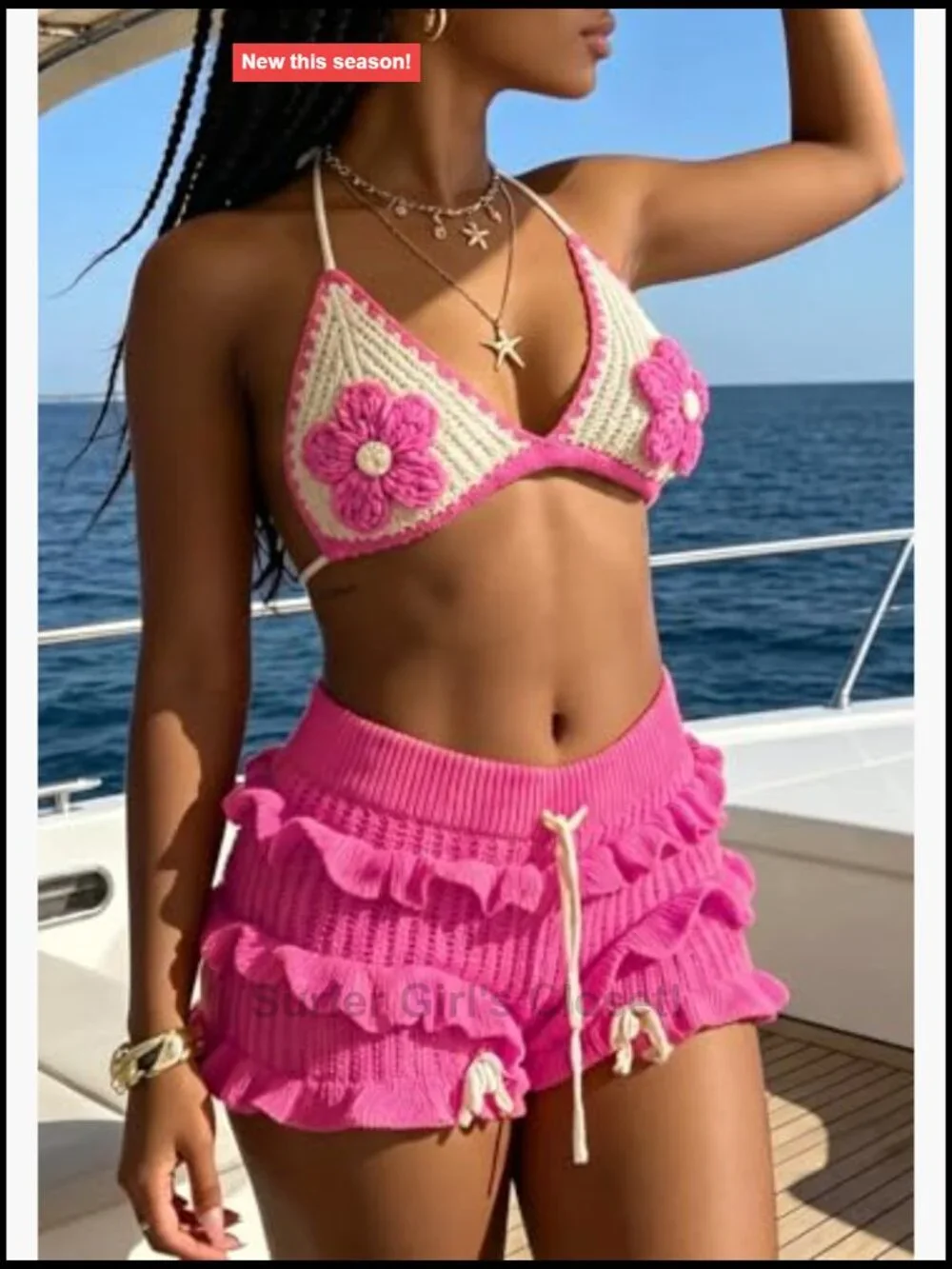 Crochet Bikini Set Floral Bra Top Drawstring Ruffle Shorts Beach Swimwear